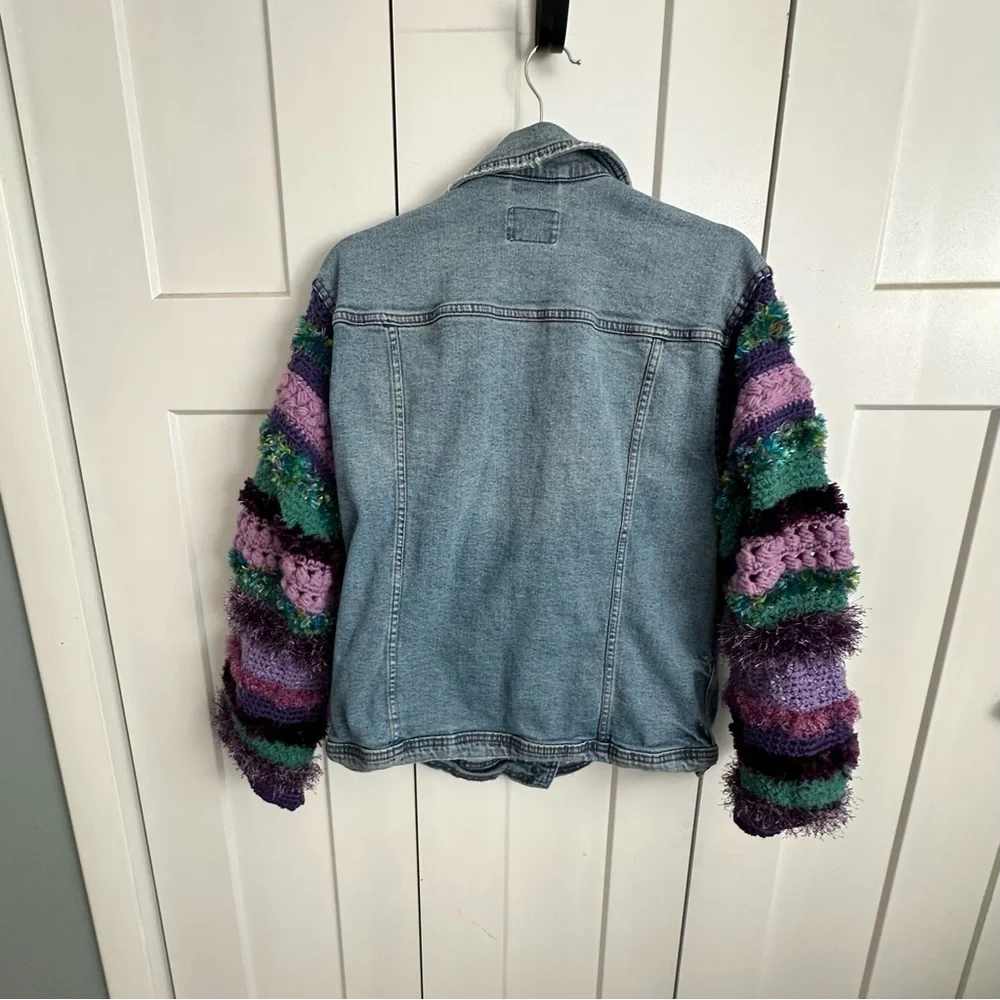 One of a Kind Upcycled  Denim Jacket with Hand Crocheted Sleeves - Picture 5 of 8
